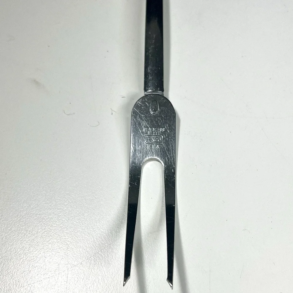 Vintage EKCO Stainless Steel Meat Carving Fork Black Floral Handle MCM‎ 12